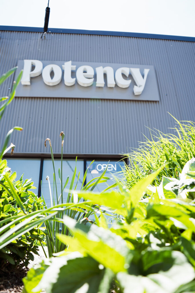 Front view of the Potency dispensary sign with greenery and “OPEN” sign visible at the entrance.

