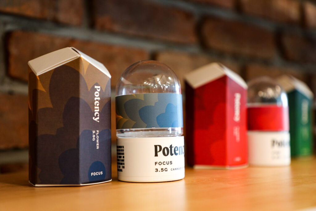 Close-up of colorful Potency cannabis product packaging labeled “Focus” on a wooden shelf.

